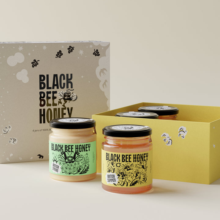 raw honey, pure honey, british honey, real honey, natural honey, b corp honey, black bee honey, award winning honey, best label honey, designer honey, cool honey, nice packaging honey, set honey, honey gift, honey gift box, season honey, seasonal honey, beekeeper gifts, 