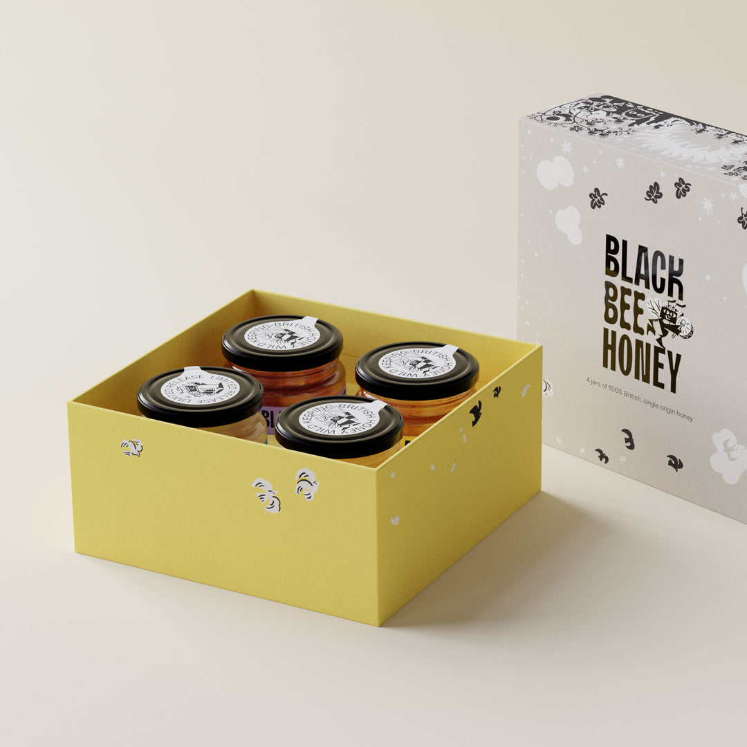 raw honey, pure honey, british honey, real honey, natural honey, b corp honey, black bee honey, award winning honey, best label honey, designer honey, cool honey, nice packaging honey, set honey, honey gift, honey gift box, season honey, seasonal honey, beekeeper gifts, 