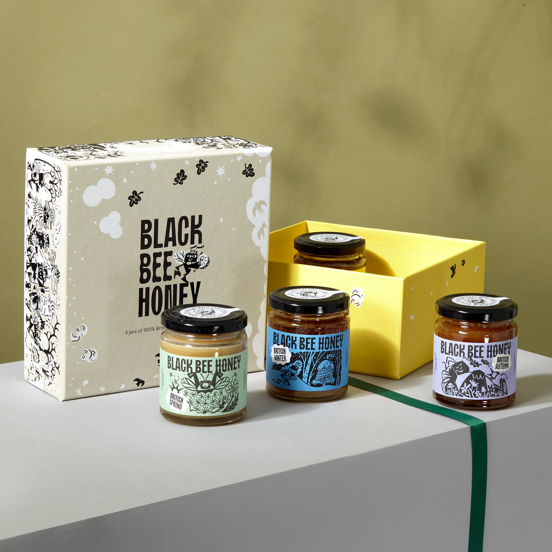 raw honey, pure honey, british honey, real honey, natural honey, b corp honey, black bee honey, award winning honey, best label honey, designer honey, cool honey, nice packaging honey, set honey, honey gift, honey gift box, season honey, seasonal honey, beekeeper gifts, 