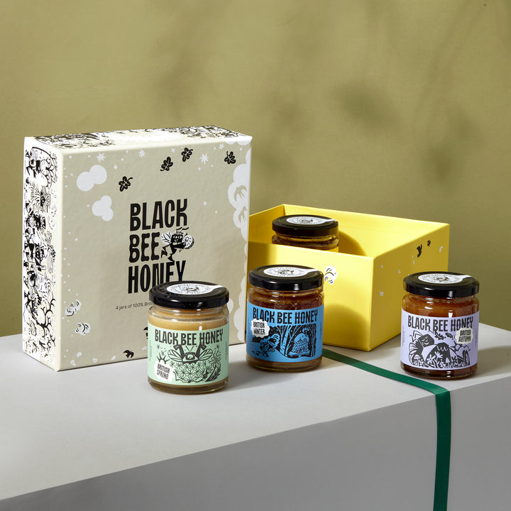 raw honey, pure honey, british honey, real honey, natural honey, b corp honey, black bee honey, award winning honey, best label honey, designer honey, cool honey, nice packaging honey, set honey, honey gift, honey gift box, season honey, seasonal honey, beekeeper gifts, 