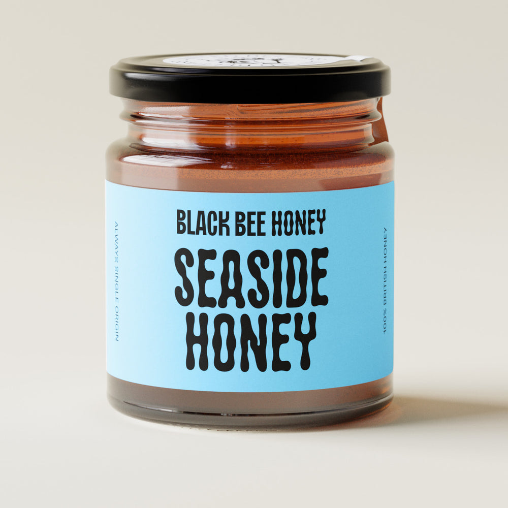 raw honey, pure honey, british honey, real honey, natural honey, b corp honey, black bee honey, award winning honey, best label honey, designer honey, cool honey, nice packaging honey, set honey, pollen honey, bee pollen, seaside honey, sea lavender, sea lavender honey